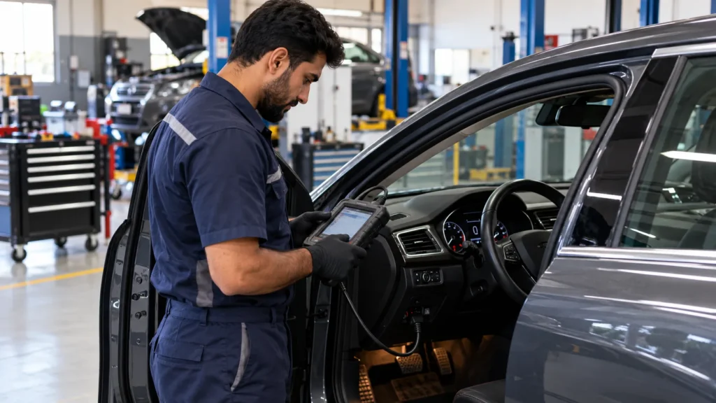 Automotive technician diagnosing a car fault code in Dubai.