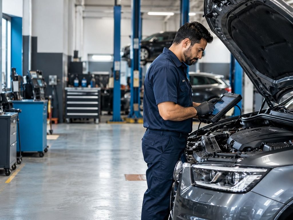 Automotive technician using diagnostic equipment to inspect a vehicle in a professional repair workshop.