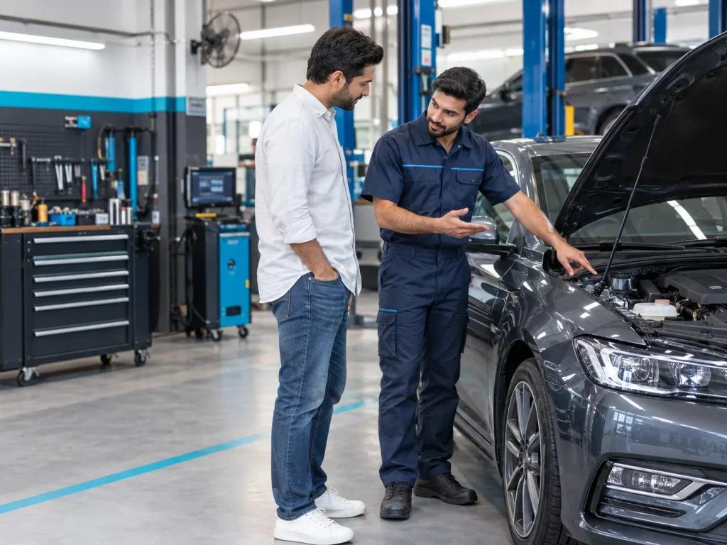 Automotive technician discussing vehicle service with a customer in a repair workshop