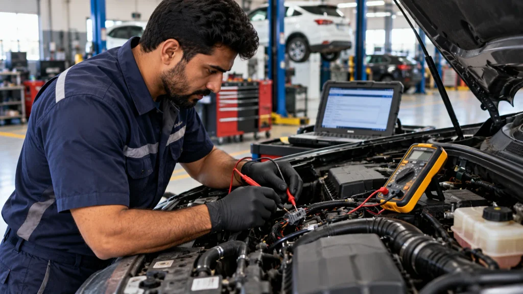Technician testing car electrical connections during fault diagnosis.