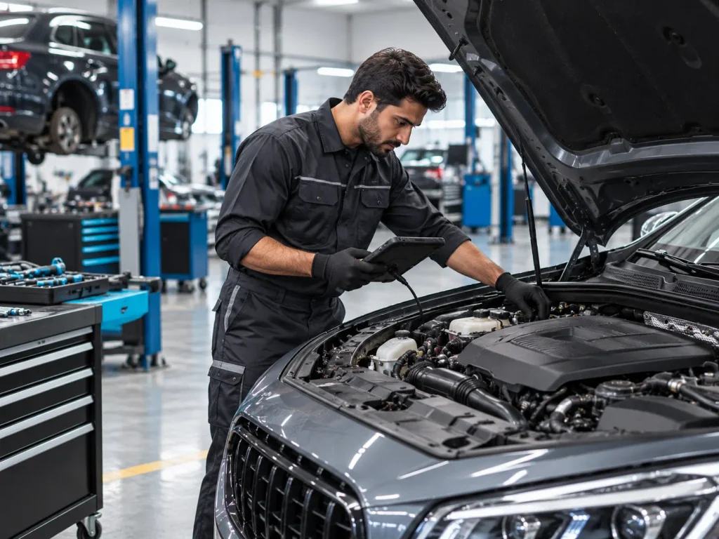 Automotive technician inspecting a vehicle engine using diagnostic equipment in a professional car repair workshop in Dubai.