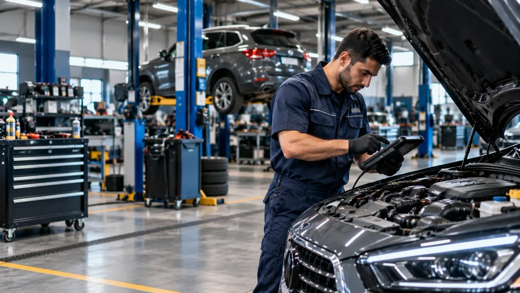 Automotive technician using a diagnostic scanner to inspect a graphite-grey car in a professional auto repair workshop.